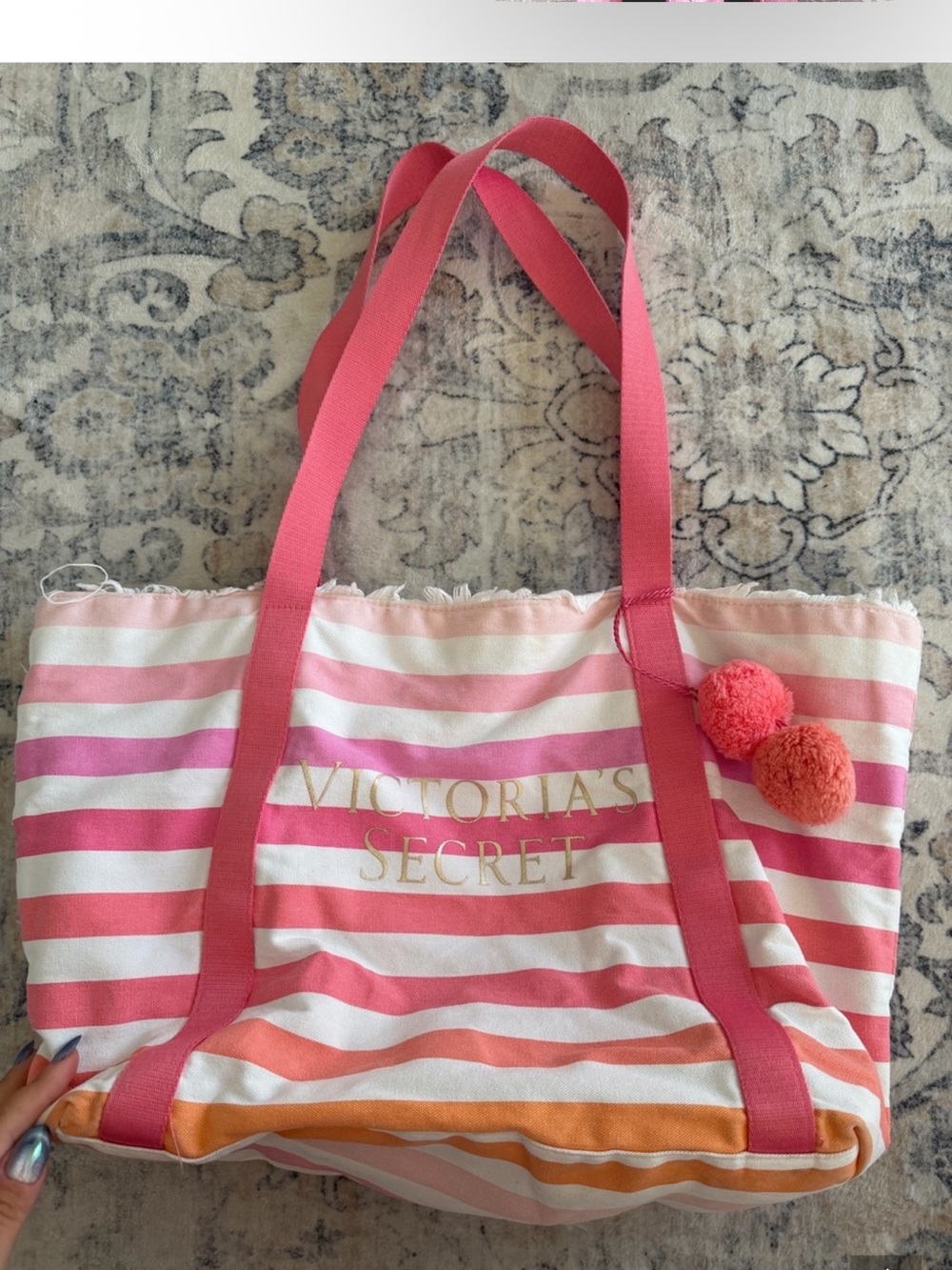Victoria's Secret Pink, Coral & Orange Striped Canvas Tote with Pom-Poms